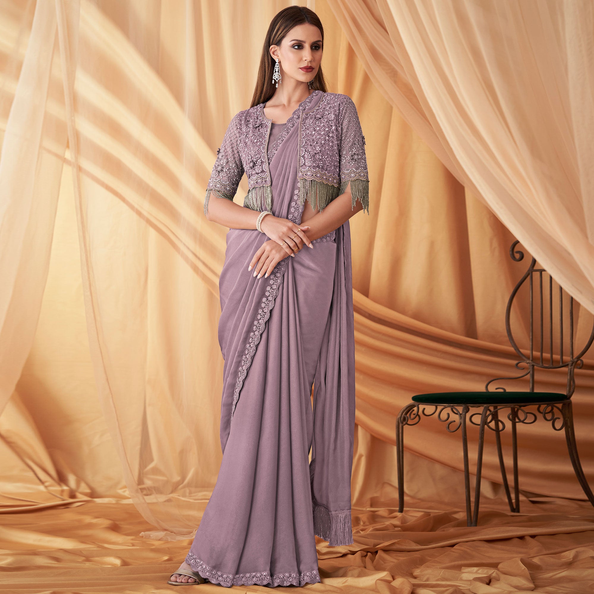 Lavender Embroidered Satin Saree With Jacket