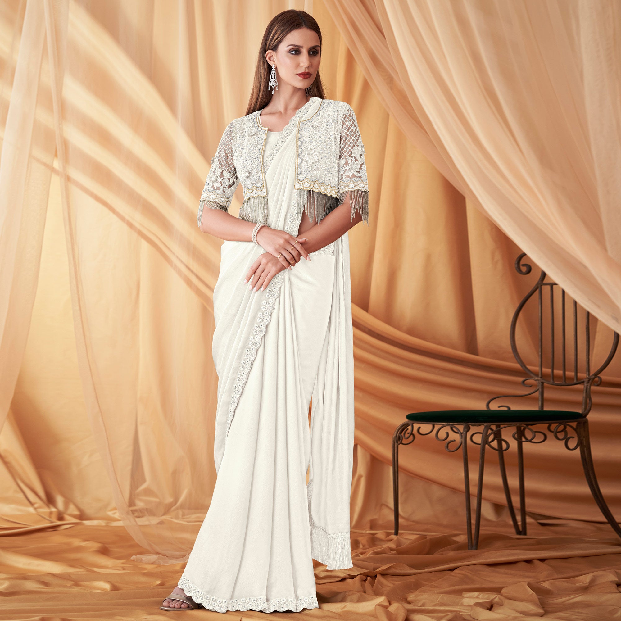 Off White Embroidered Satin Saree With Jacket