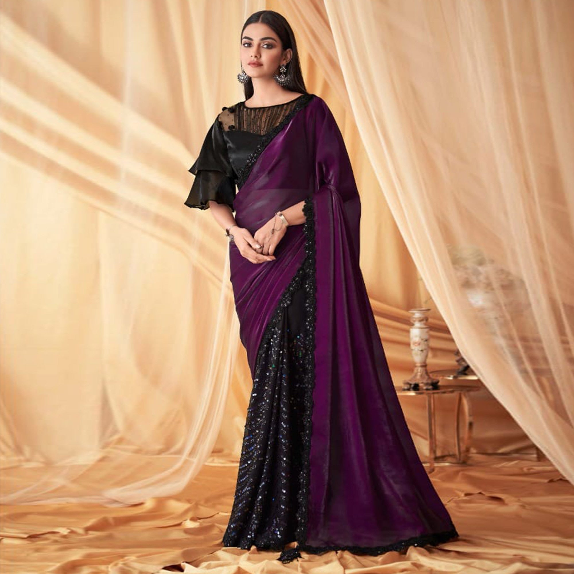 Purple & Black Sequins Embroidered Georgette Saree With Tassels