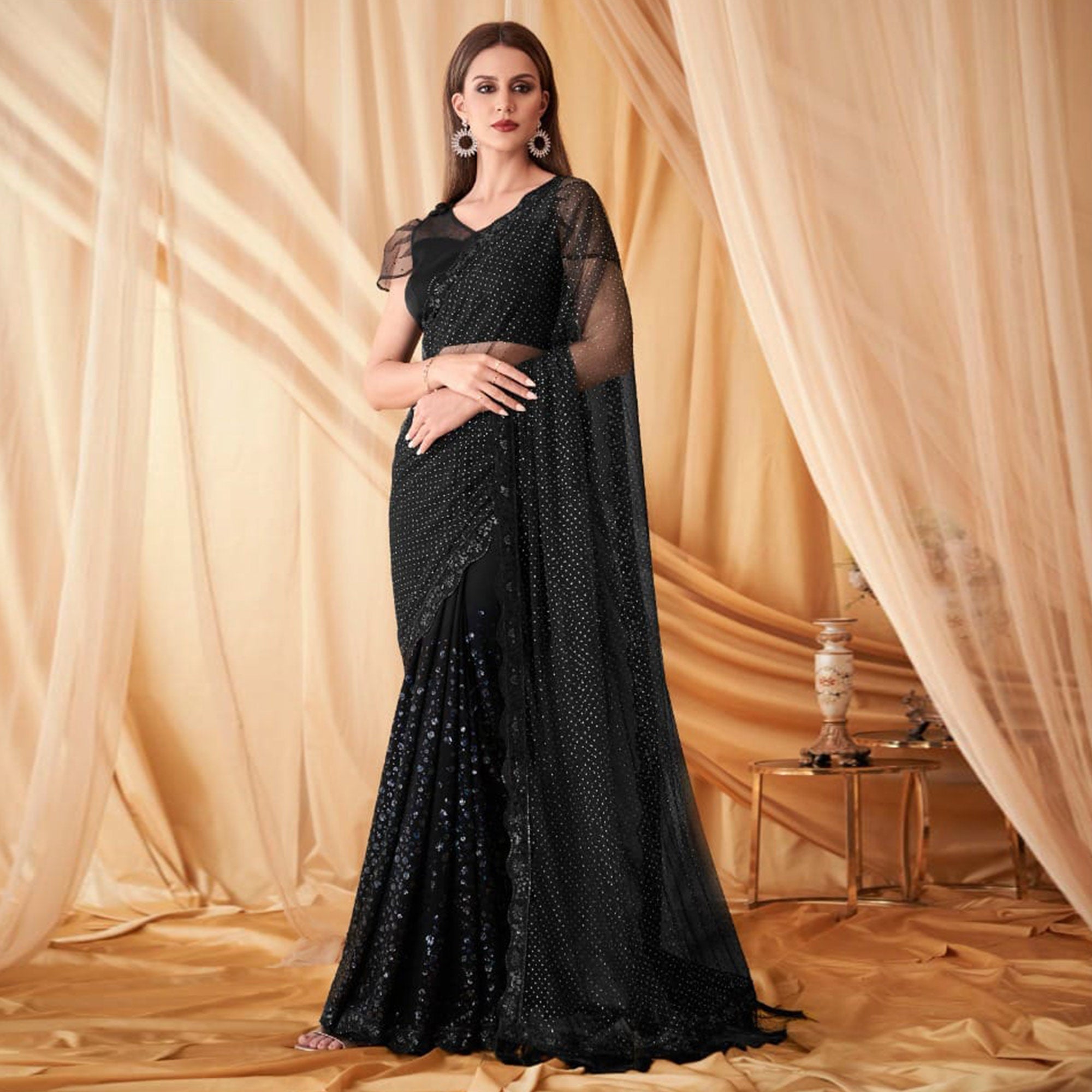 Black Sequins Embroidered Georgette Saree With Tassels