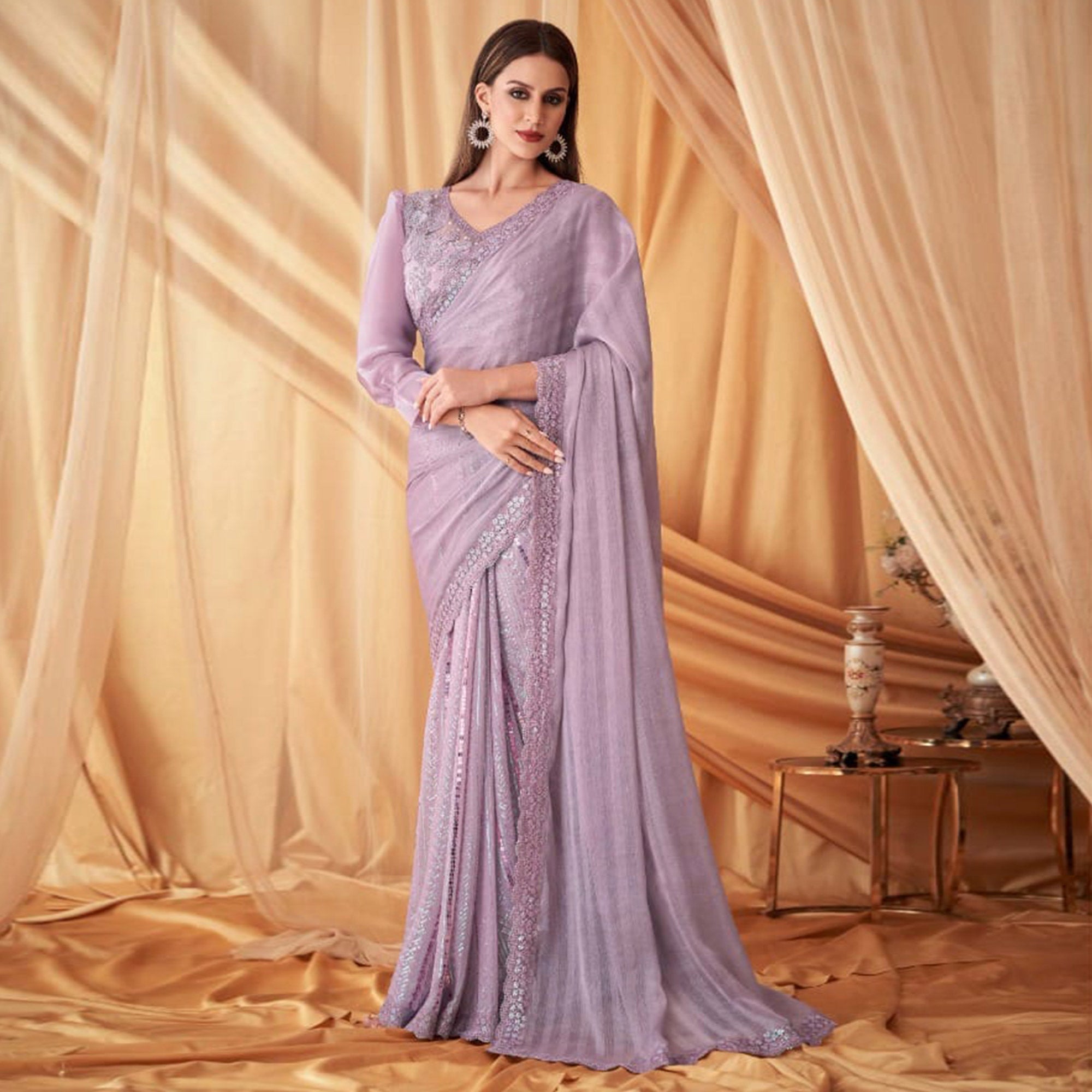 Light Purple Sequins Embroidered Georgette Saree With Tassels