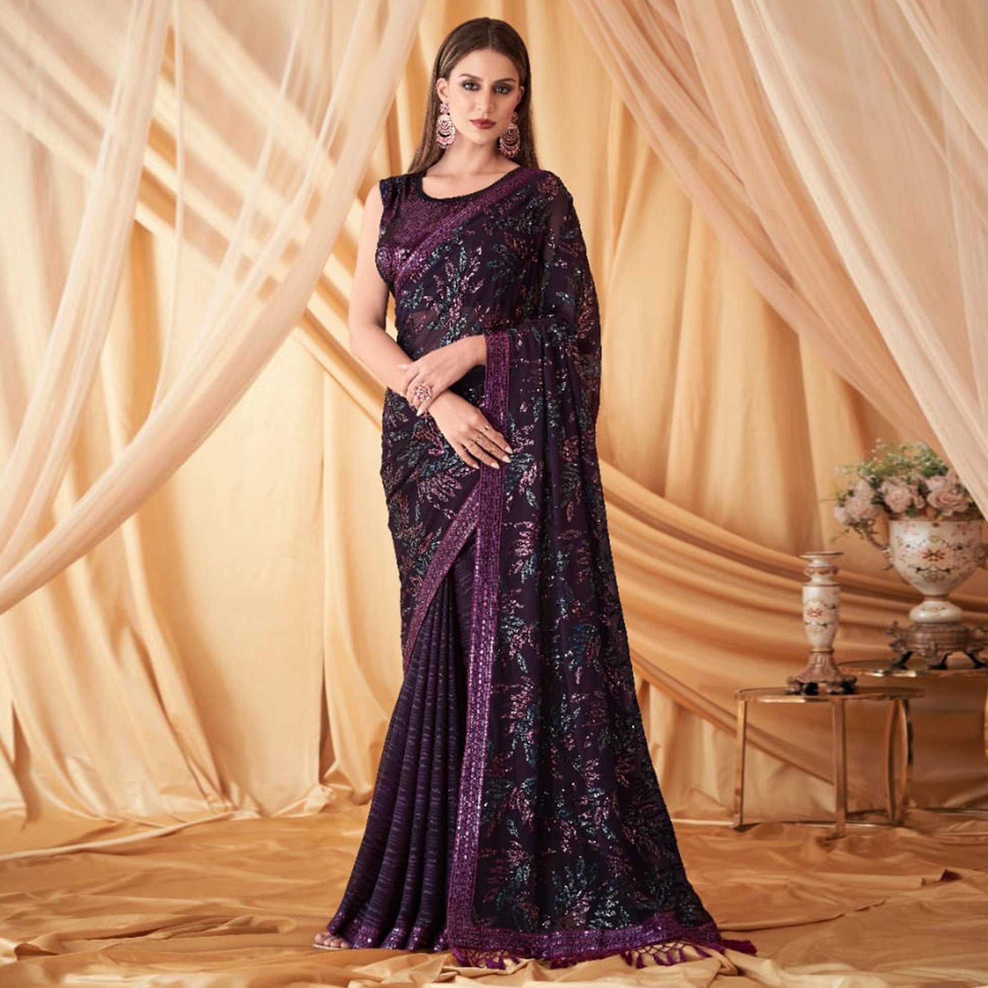 Wine Sequins Embroidered Georgette Saree With Tassels