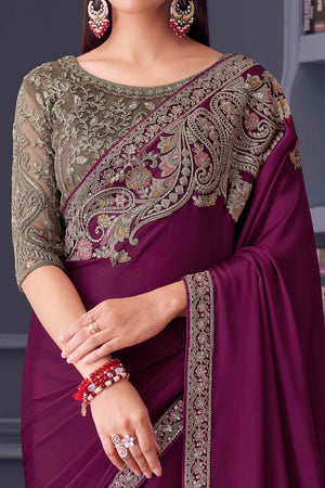 Purple Satin Saree Embellished with Sequin Work