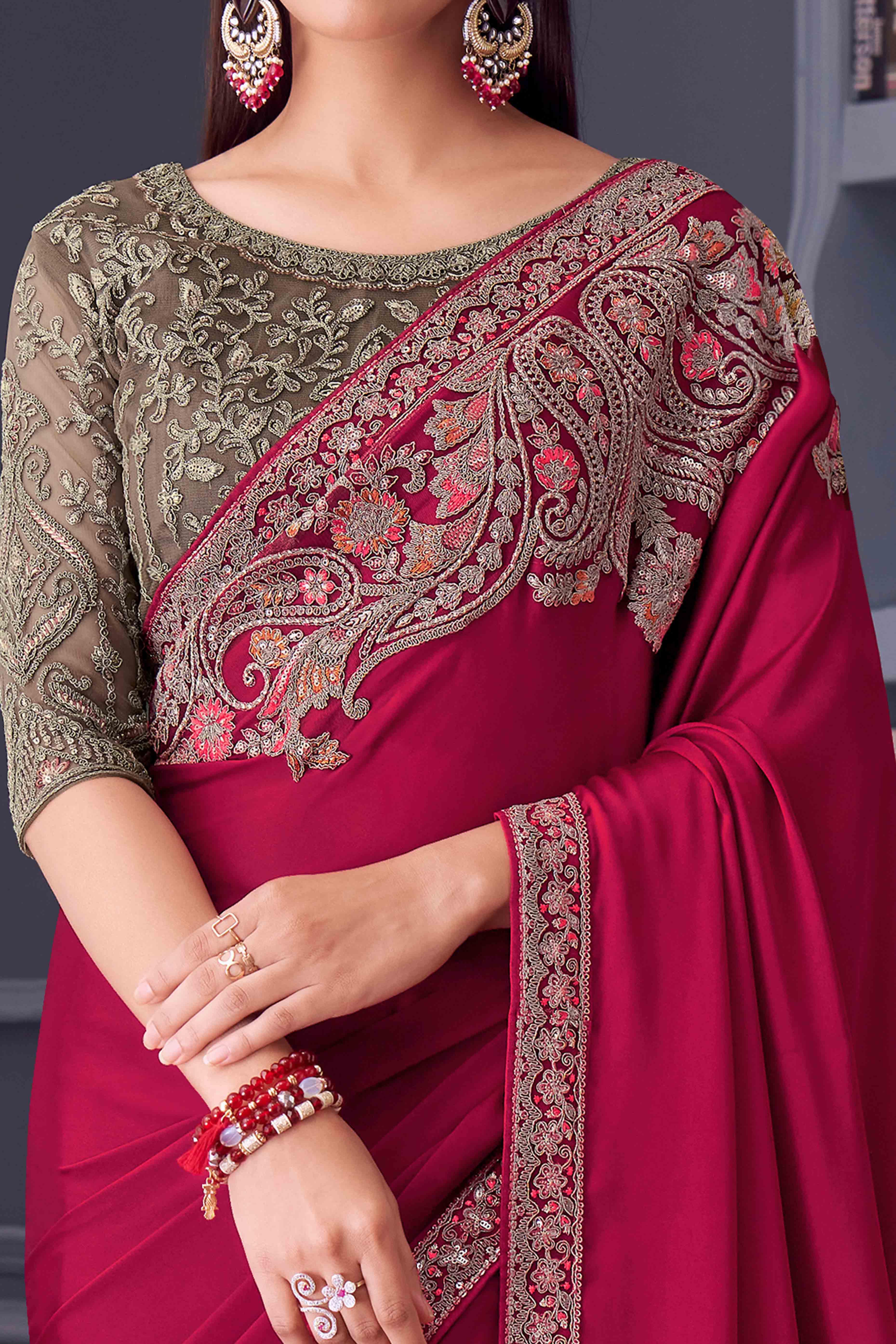 Pink Satin Saree Embellished with Sequin Work