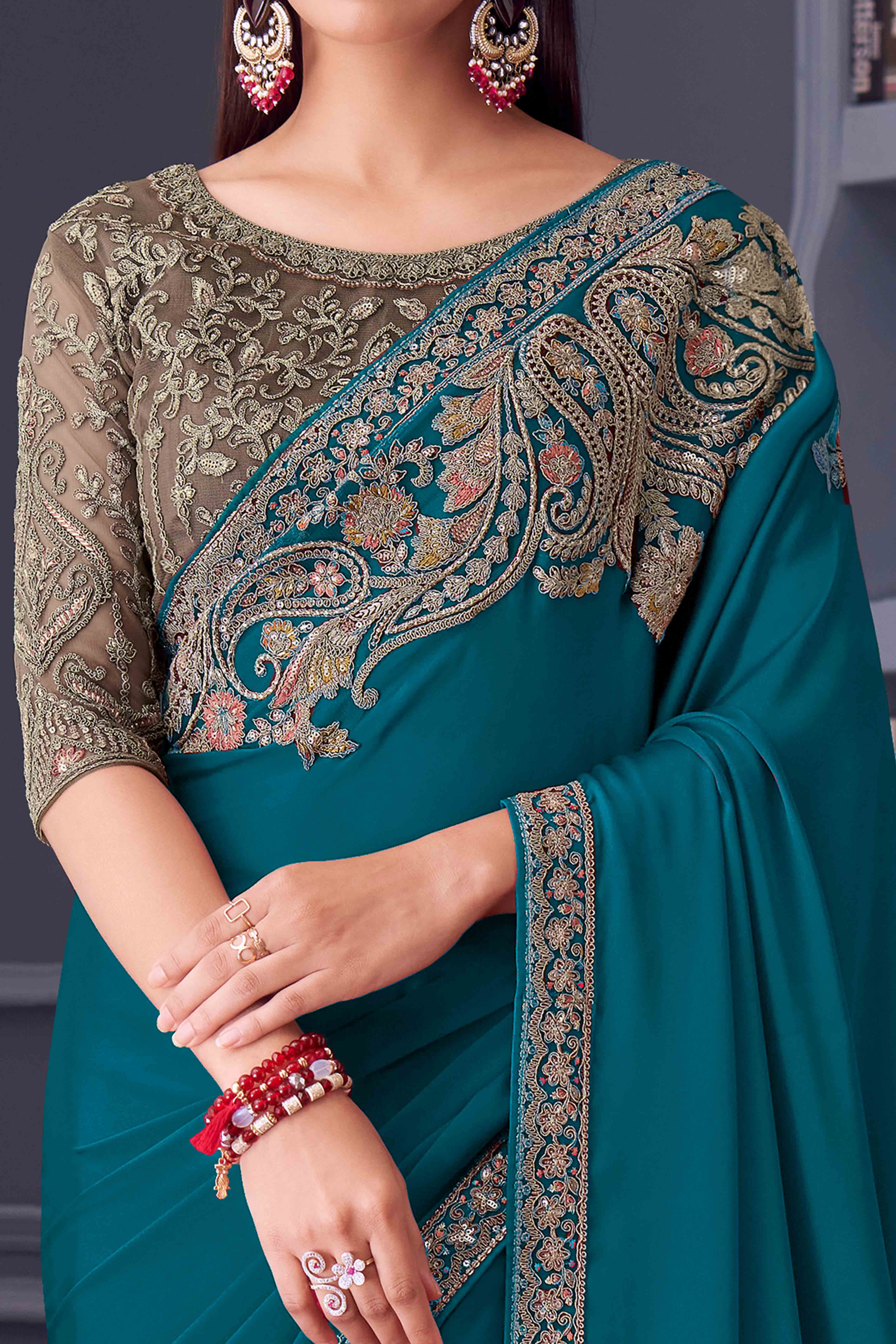 Teal Satin Saree Embellished with Sequin Work