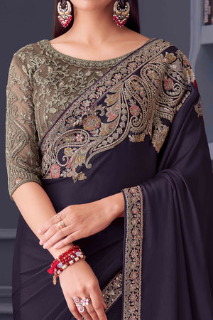 Wine Satin Saree Embellished with Sequin Work