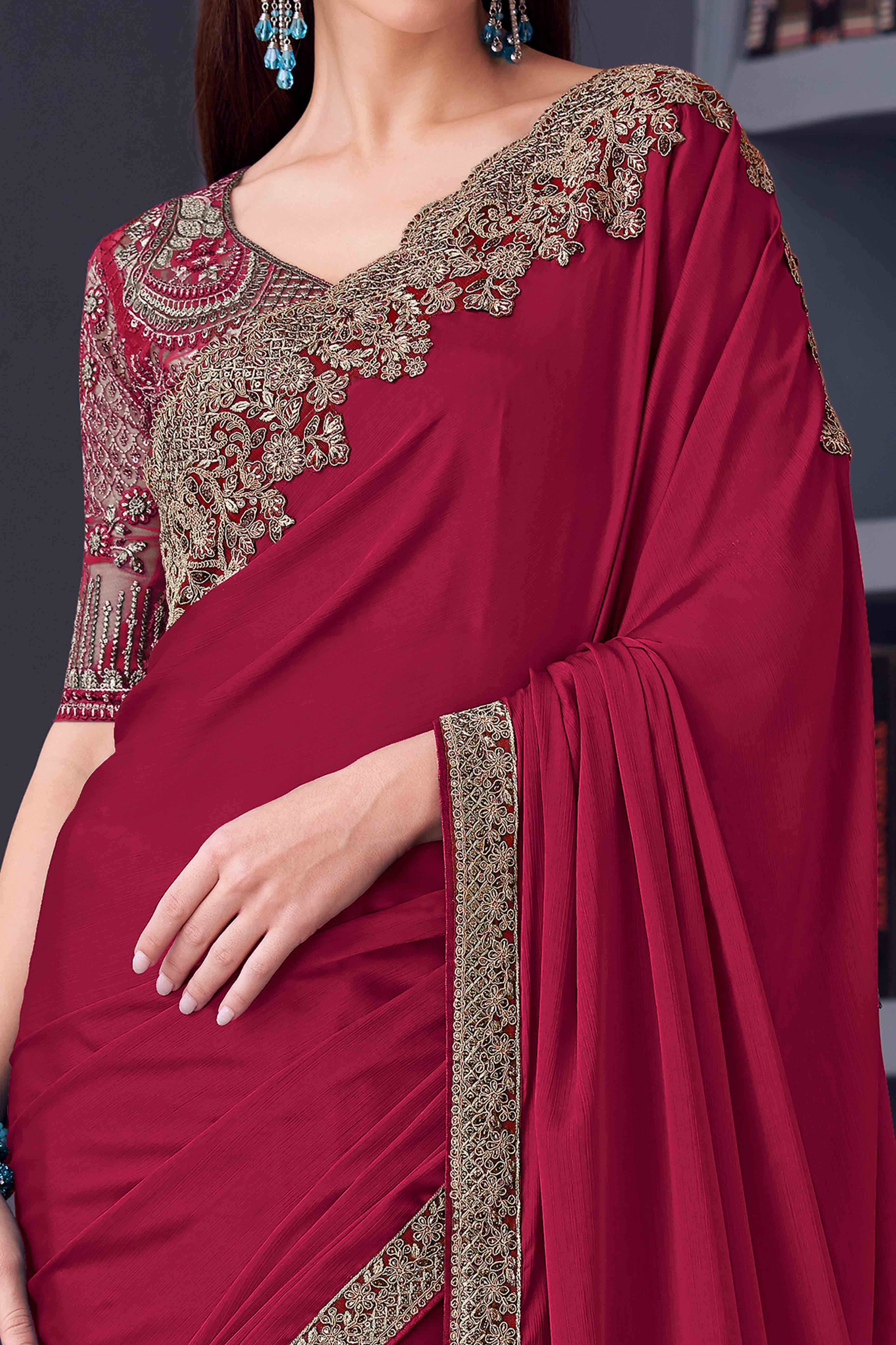 Dark Pink Chiffon Saree with Embellished Border