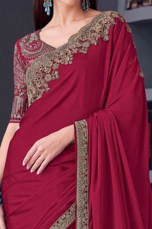 Dark Pink Chiffon Saree with Embellished Border