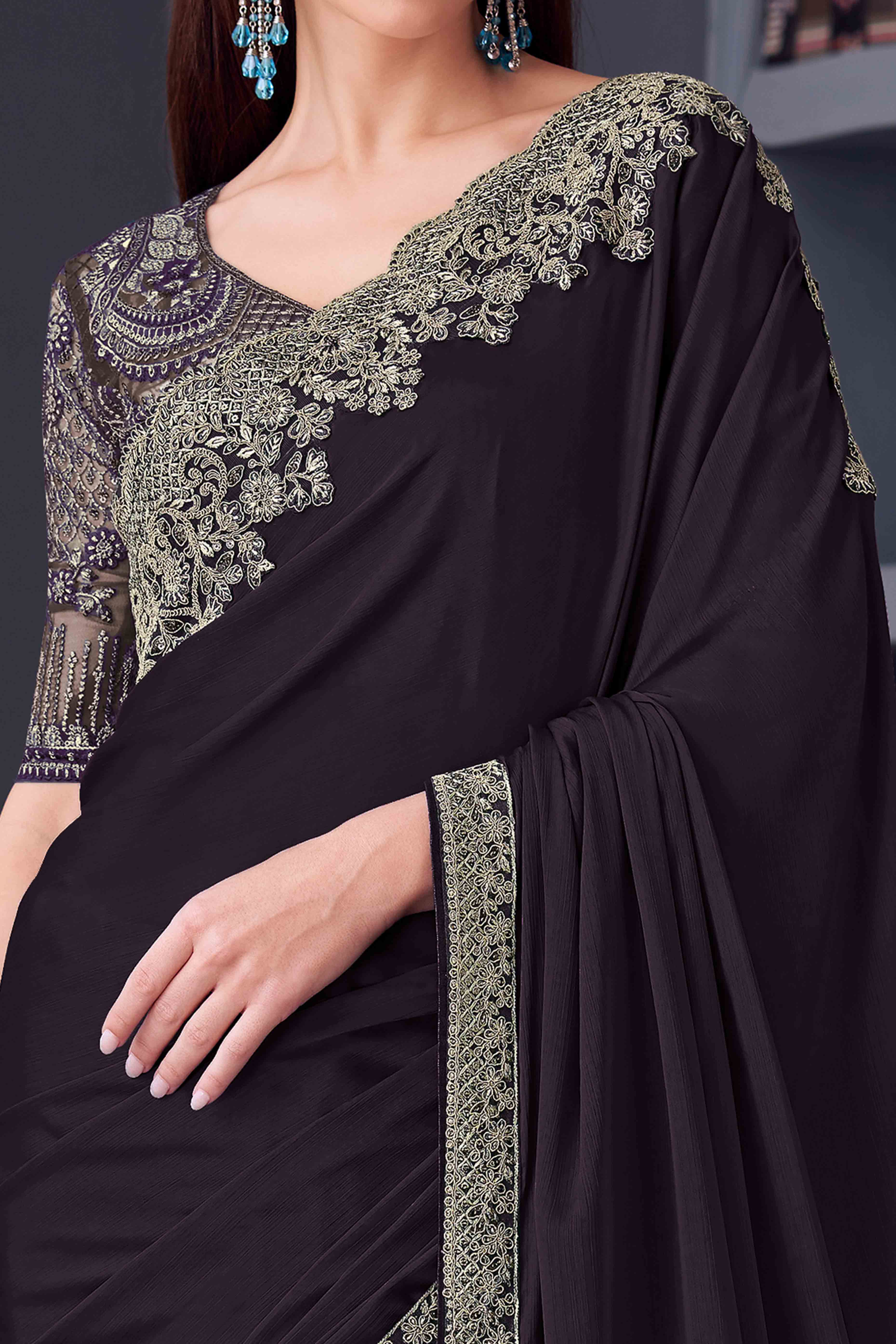 Wine Chiffon Saree with Embellished Border