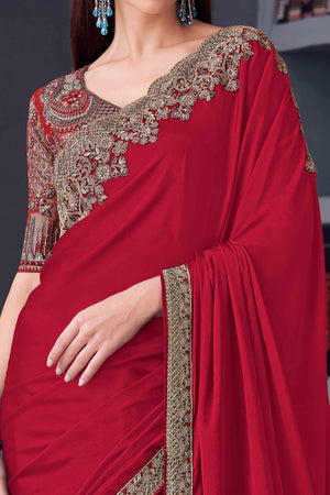 Red Chiffon Saree with Embellished Border