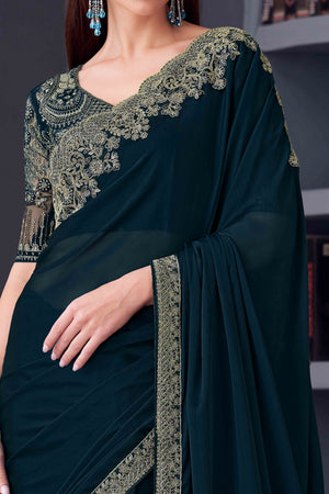 Morpich Green Chiffon Saree with Embellished Border