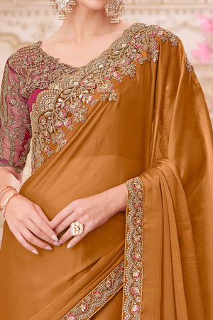 Radiant Mustard Chiffon Saree with Delicate Floral & Sequin Embellishments