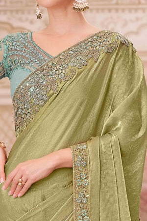 Radiant Pista Green Chiffon Saree with Delicate Floral & Sequin Embellishments