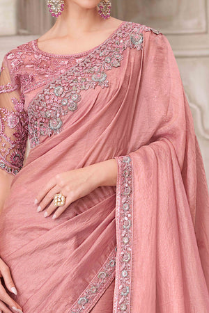 Soft Georgette Salmon Pink Saree with Floral Thread & Sequin Accents