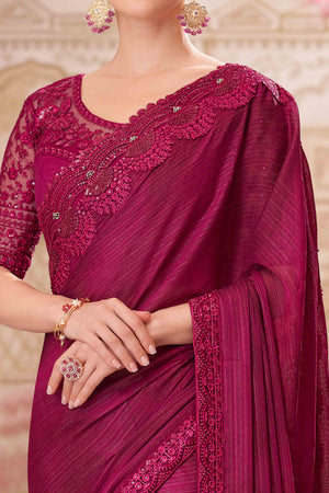 Soft Georgette Magenta Saree with Floral Thread & Sequin Accents