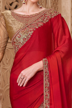 Designer Red Thread Embroidered Satin Saree with Sequin Highlights