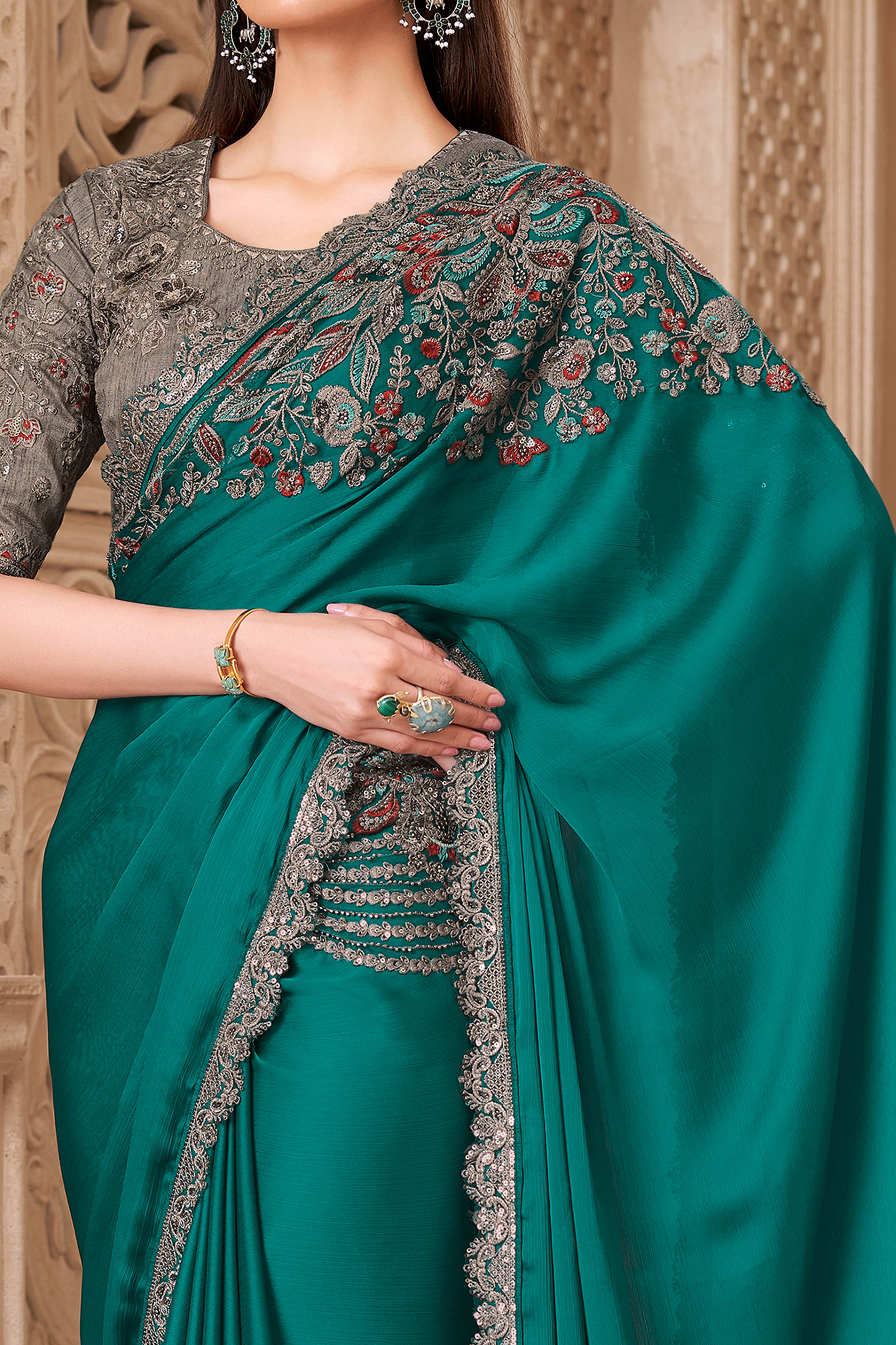 Designer Rama Green Thread Embroidered Satin Saree with Sequin Highlights