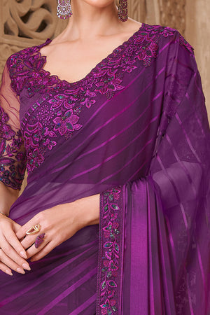 Shimmering Purple Georgette Saree with Graceful Thread Embellishment and Sequins