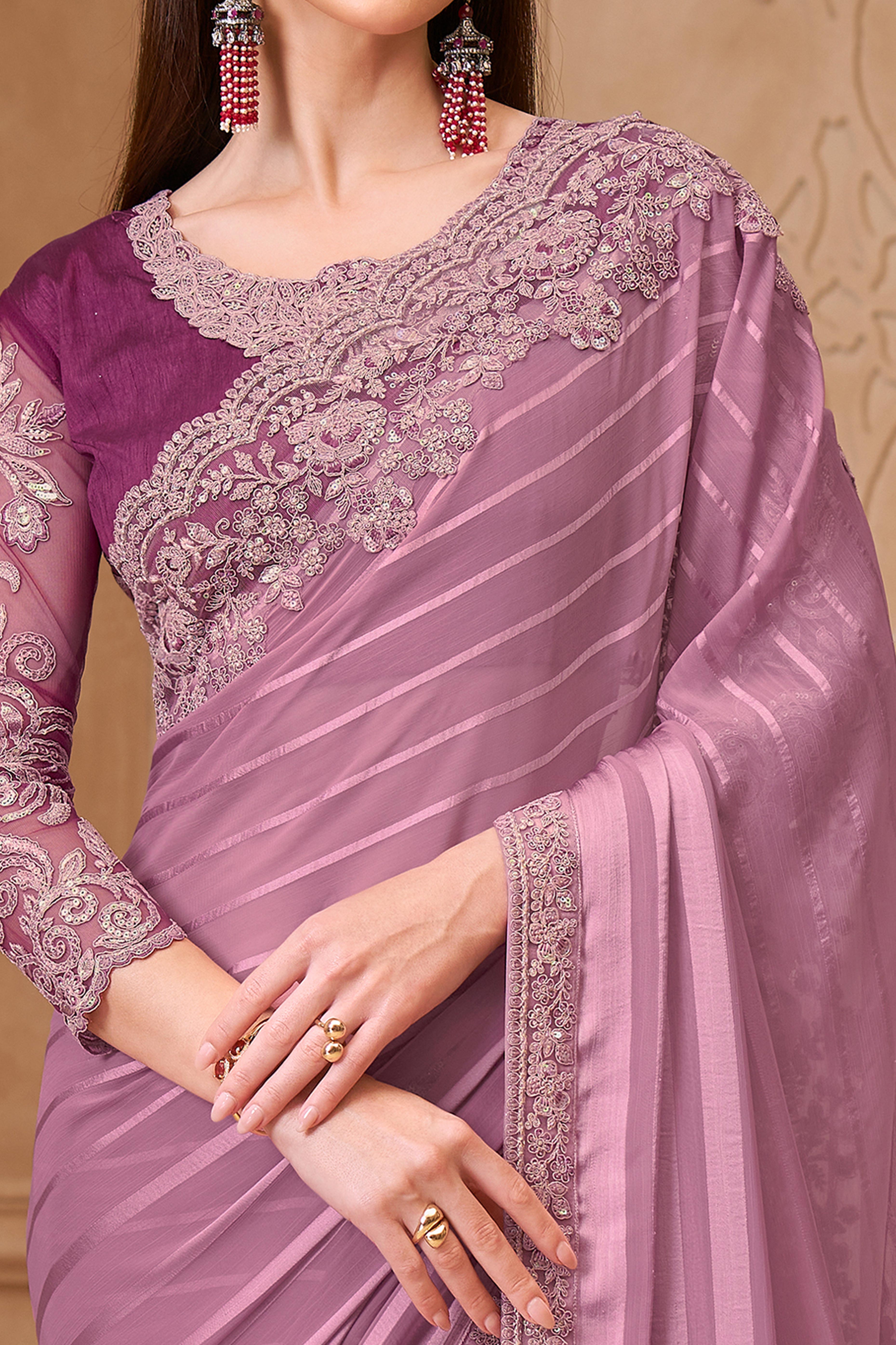 Stylish Light Pink Chiffon Saree Crafted with Sequin Detailing and Thread Embroidery