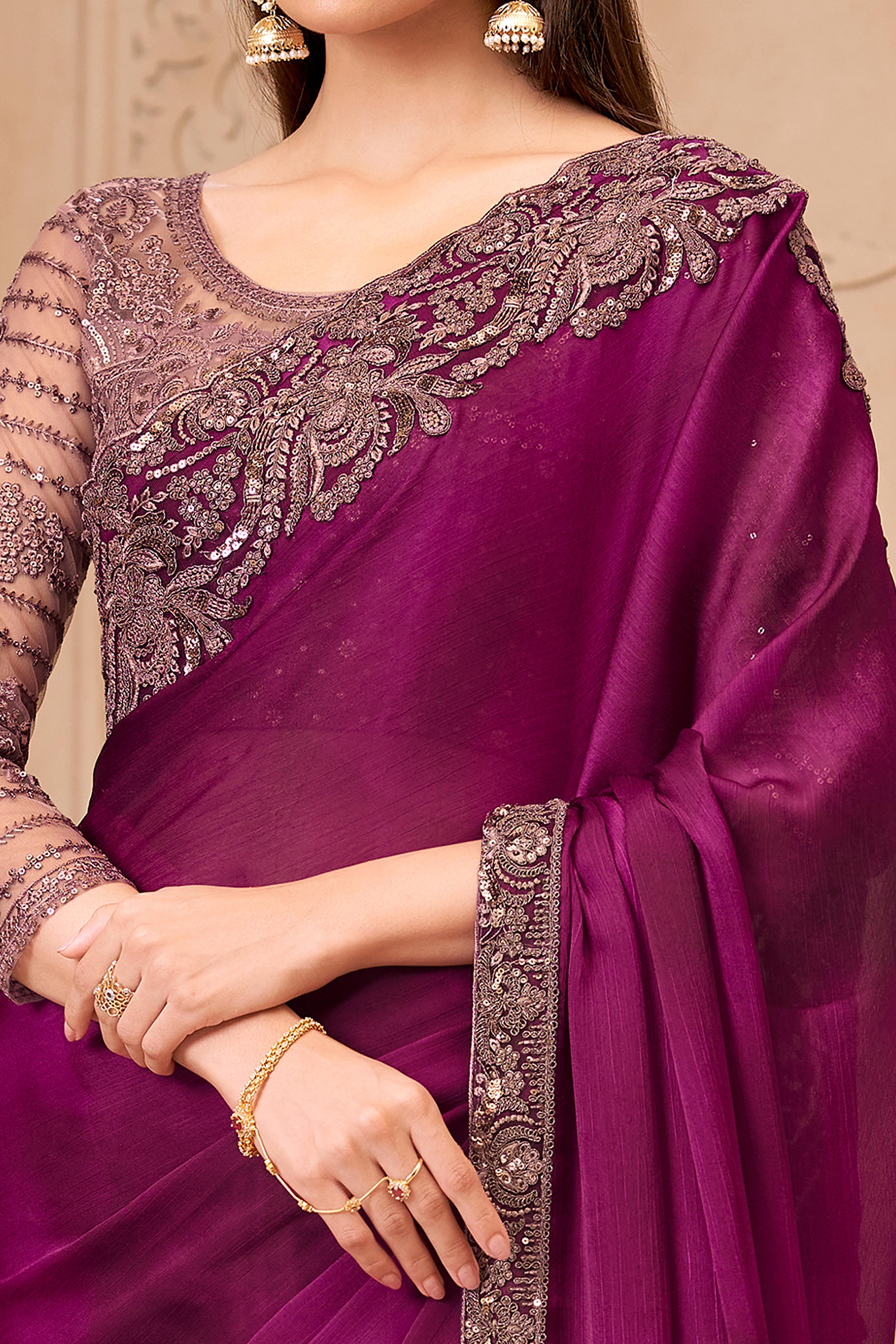 Stylish Magenta Chiffon Saree Crafted with Sequin Detailing and Thread Embroidery