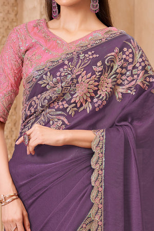 Designer Purple Thread Embroidered Satin Saree with Sequin Highlights