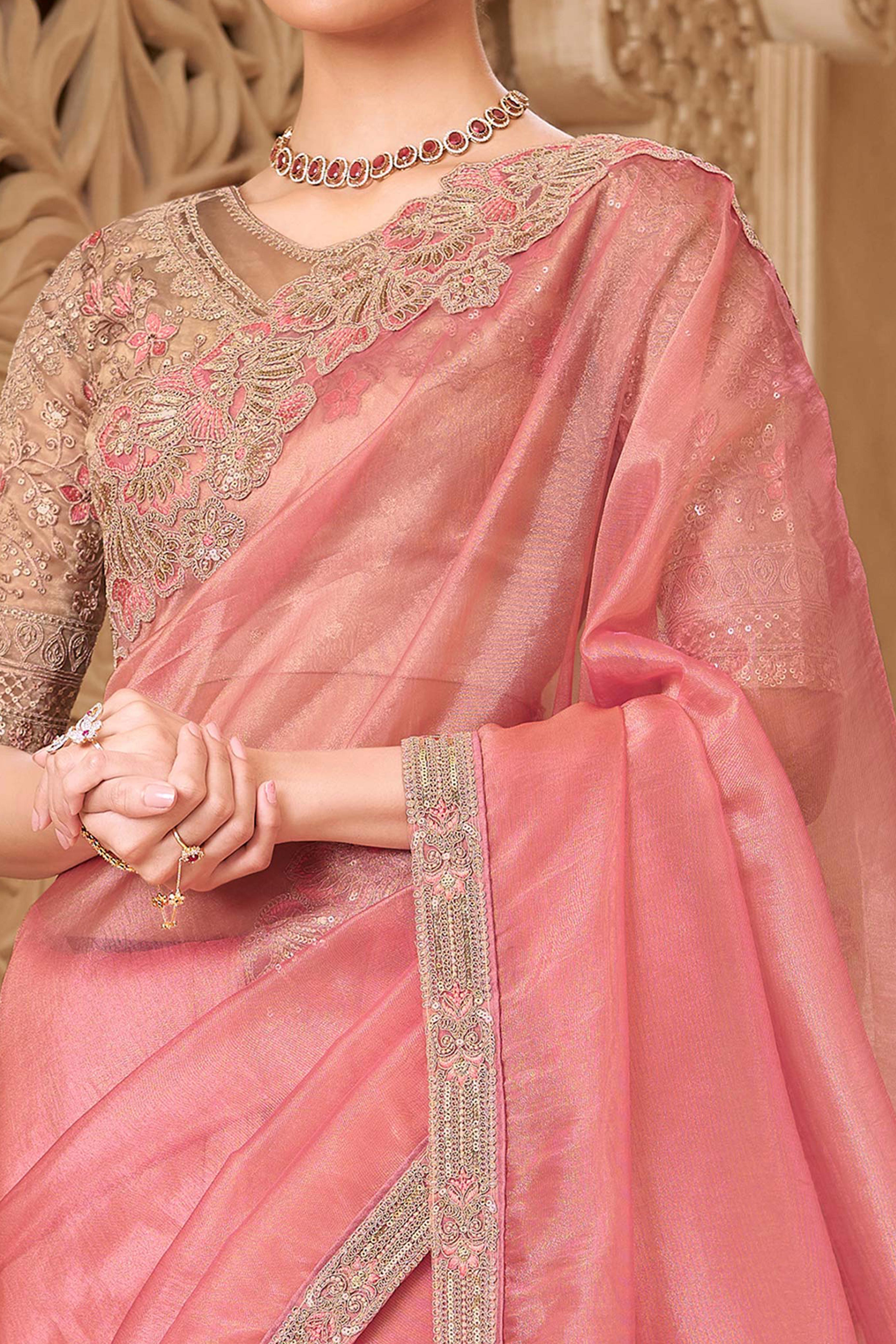 Stylish Pink Chiffon Saree Crafted with Sequin Detailing and Thread Embroidery