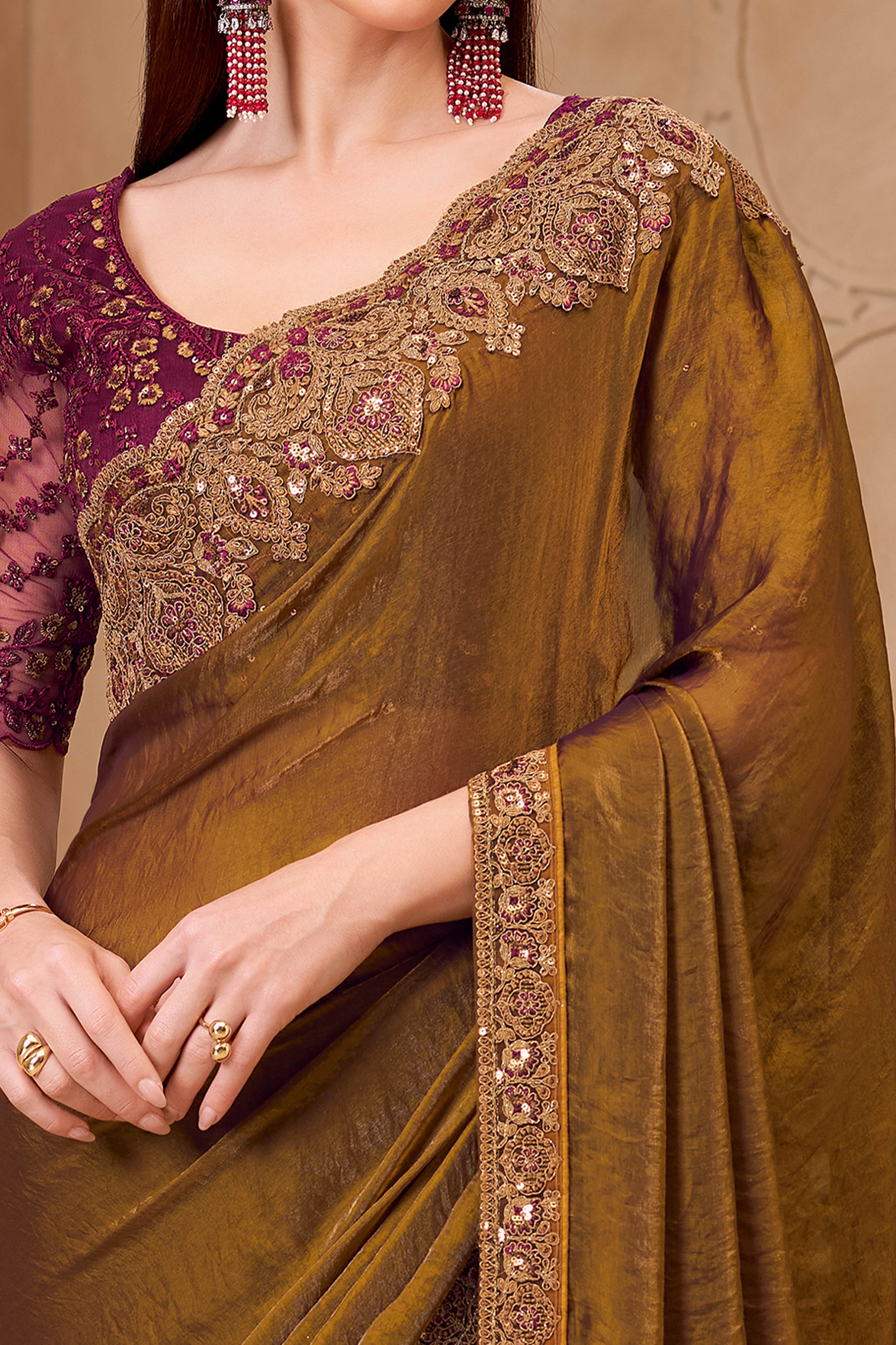 Shimmering Mehendi Green Georgette Saree with Graceful Thread Embellishment and Sequins