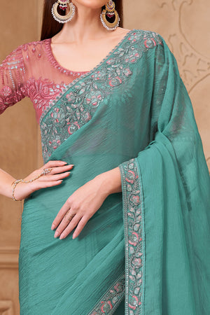 Stylish Sea Green Chiffon Saree Crafted with Sequin Detailing and Thread Embroidery