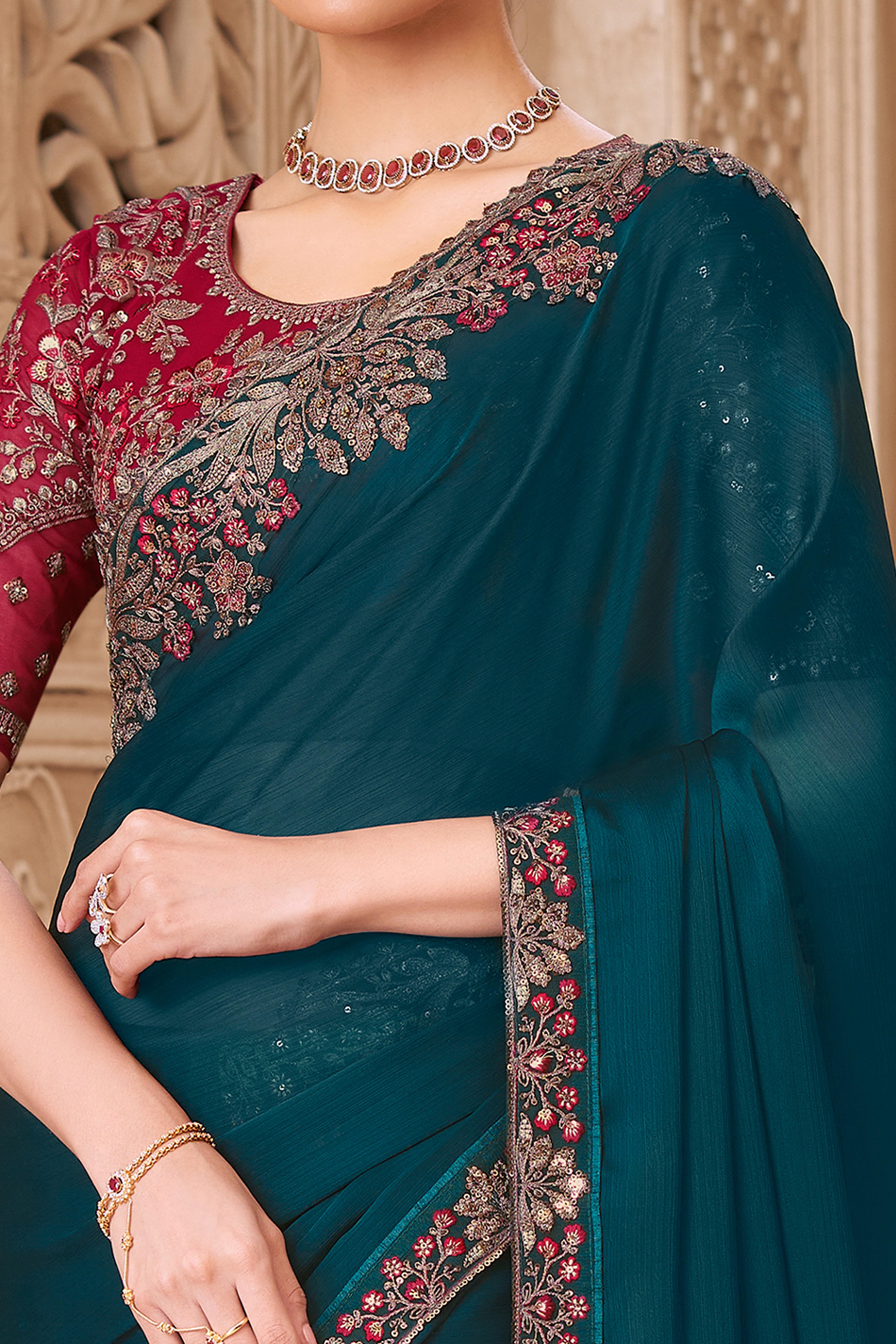Shimmering Teal Georgette Saree with Graceful Thread Embellishment and Sequins