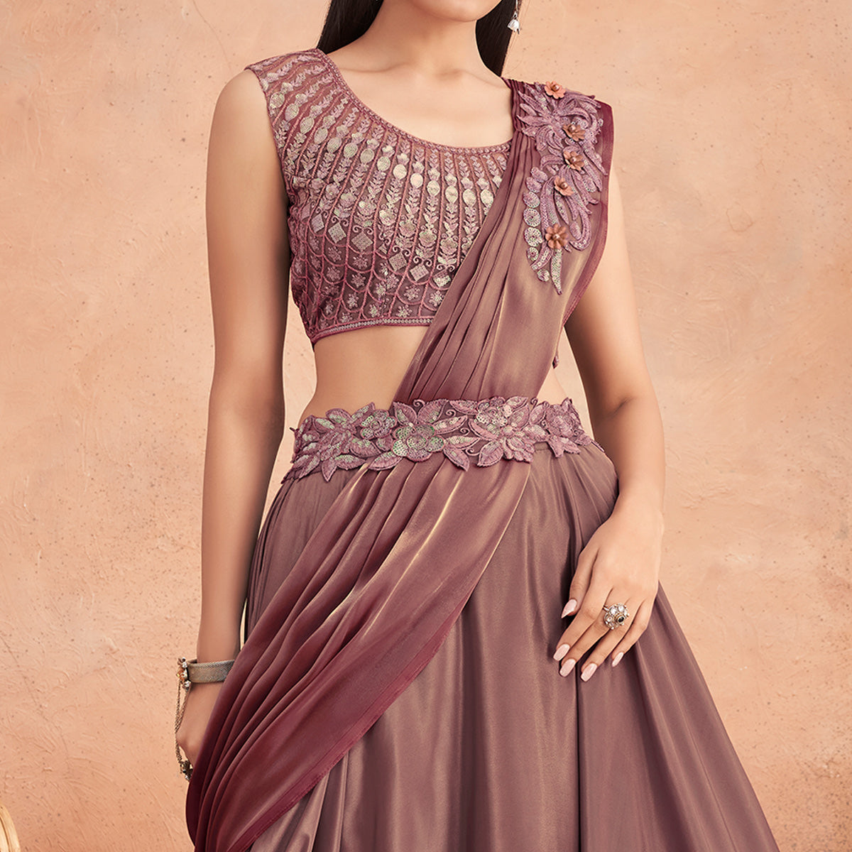 Rust Sequins Embroidered Ready To Wear Satin Silk Saree