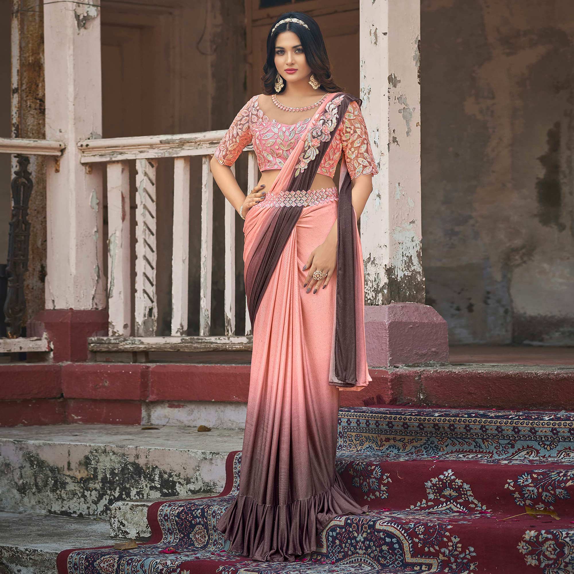 Peach Sequins Embroidered Ready To Wear Lycra Saree