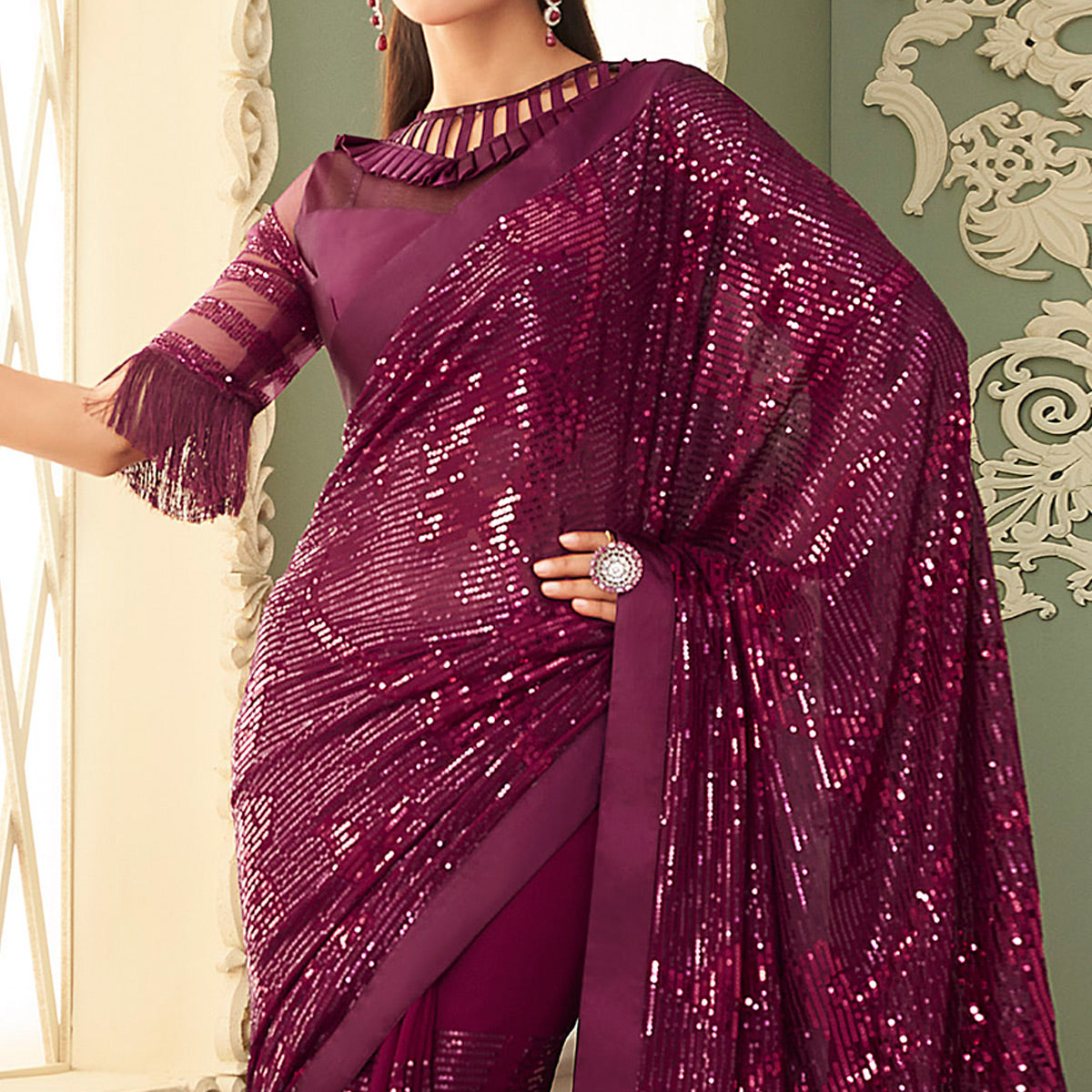 Wine Sequins Embroidered Georgette Saree