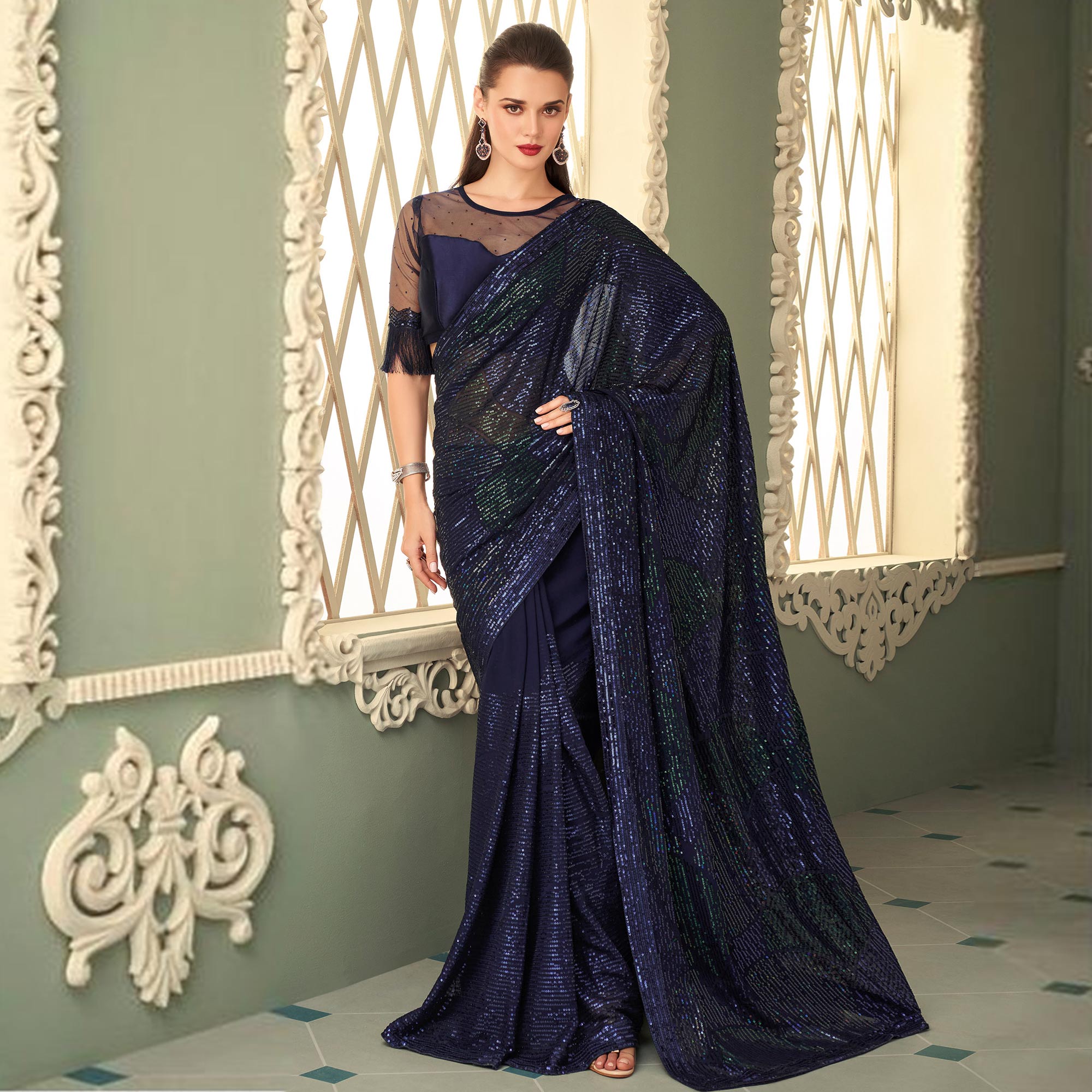 Navy Blue Sequins Embroidered Georgette Saree