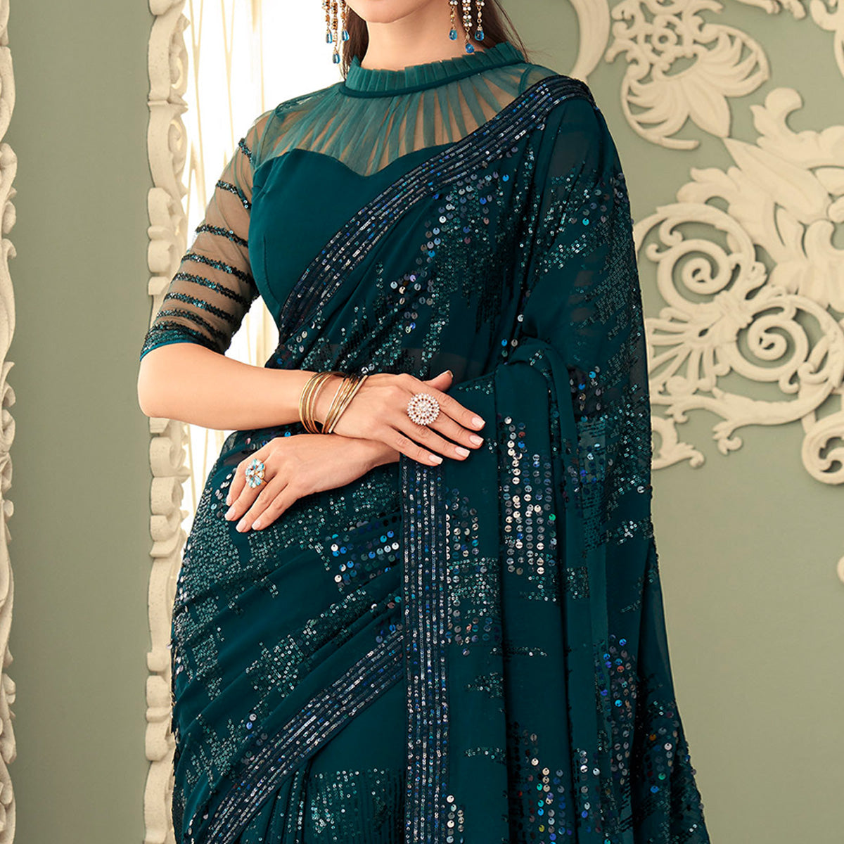 Teal Blue Sequins Embroidered Georgette Saree