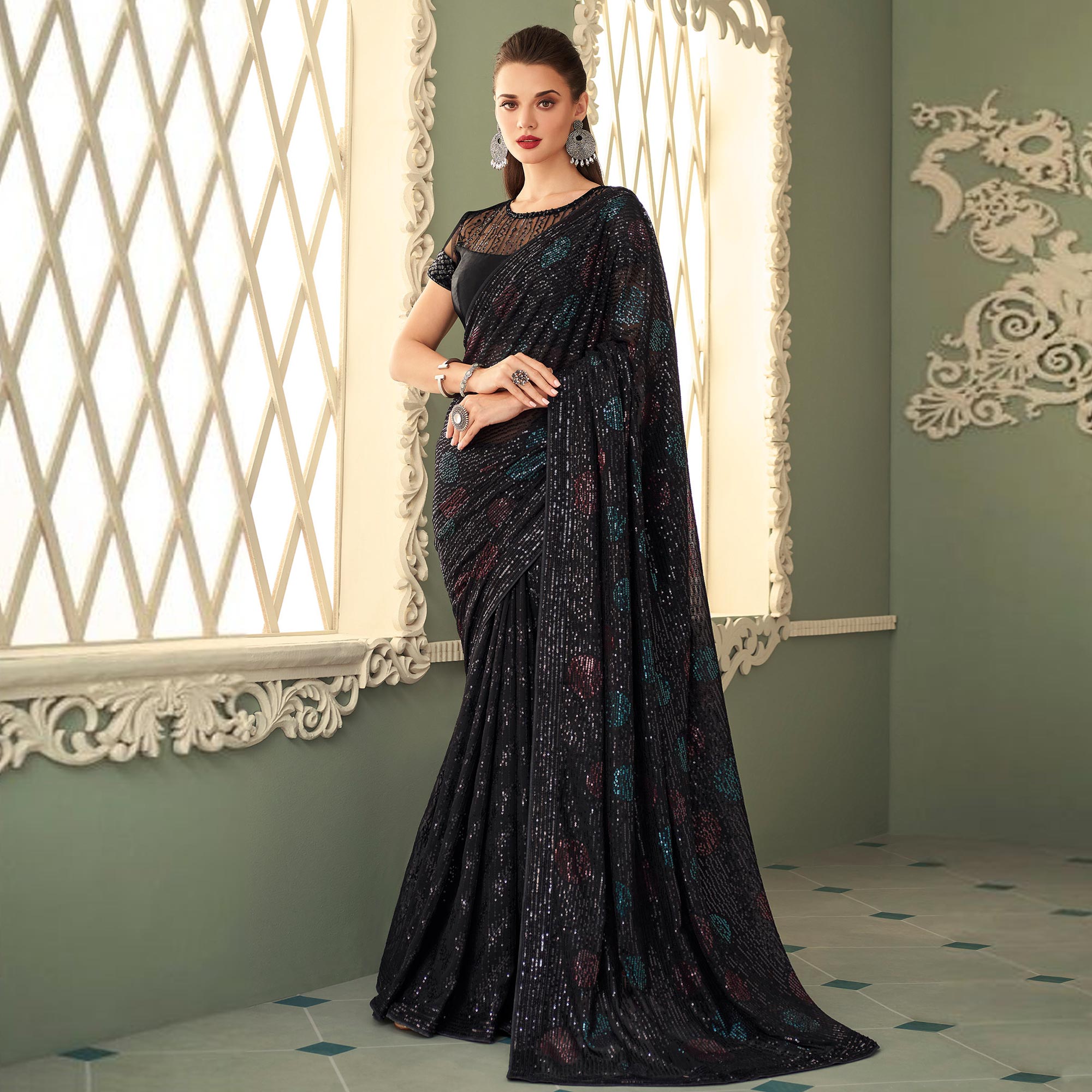 Black Sequins Embroidered Georgette Saree