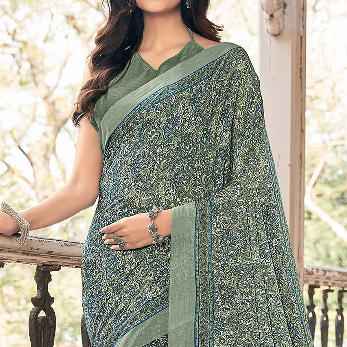 Green Paisley Printed Chiffon Saree