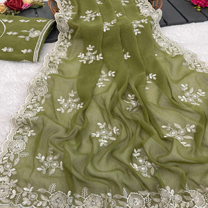 Green Shimmer Silk Saree with Graceful Floral Embroidery
