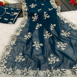 Teal Shimmer Silk Saree with Graceful Floral Embroidery