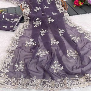 Violet Shimmer Silk Saree with Graceful Floral Embroidery