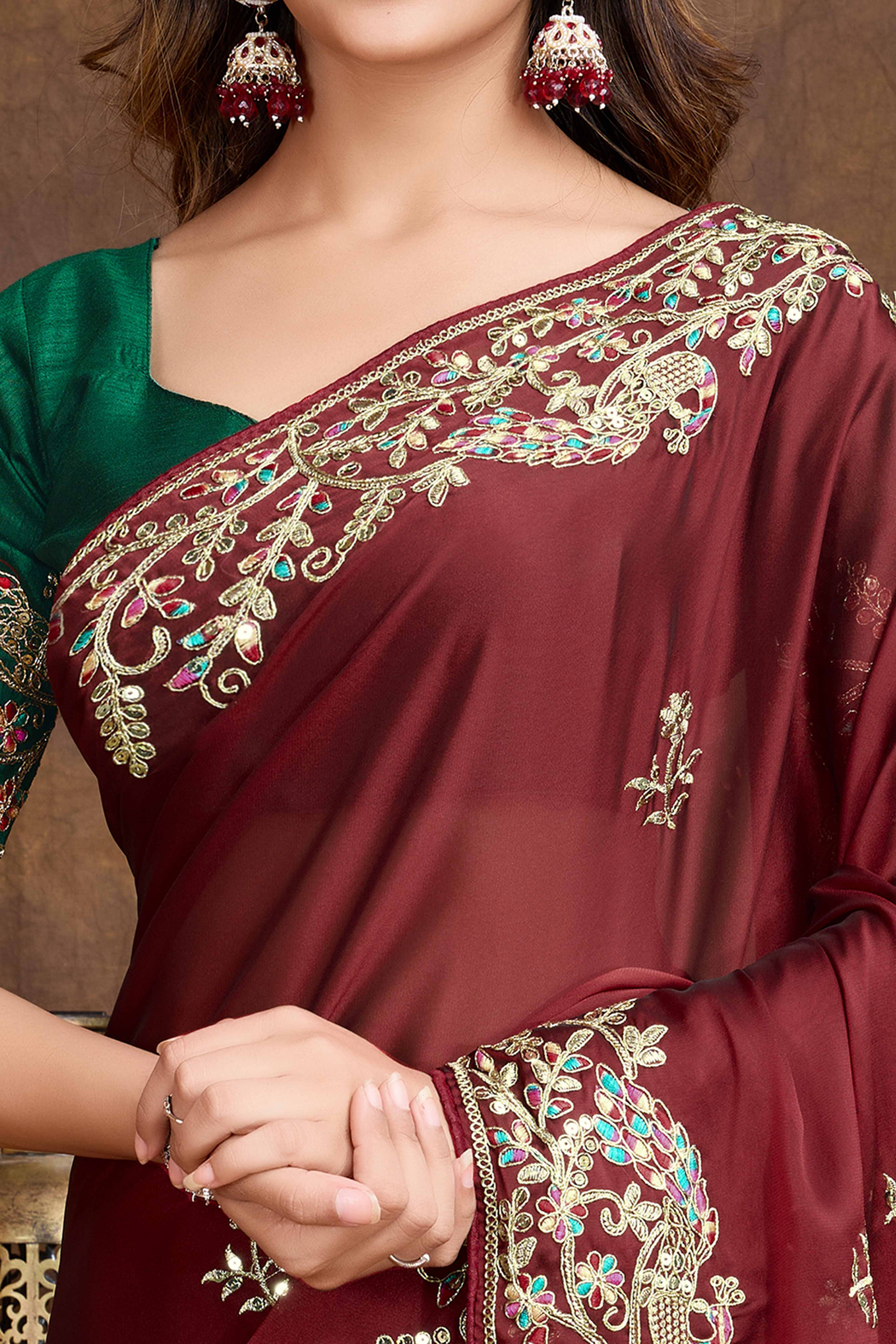 Designer Rich Maroon Silk Blend Saree with Heavy Golden Thread Embroidery