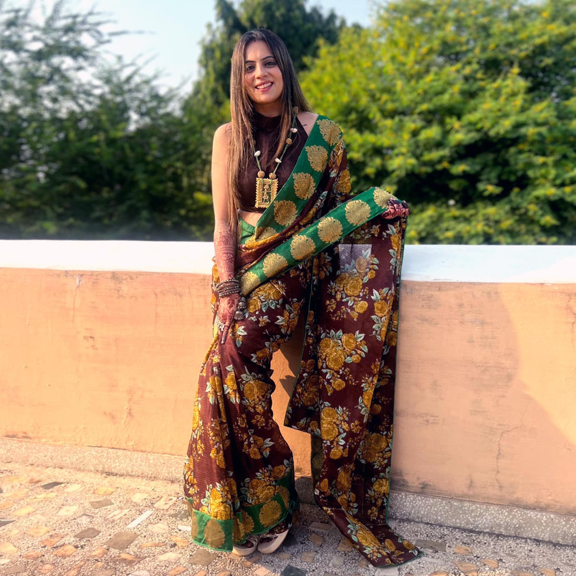 Brown Floral Printed Manipuri Silk Saree