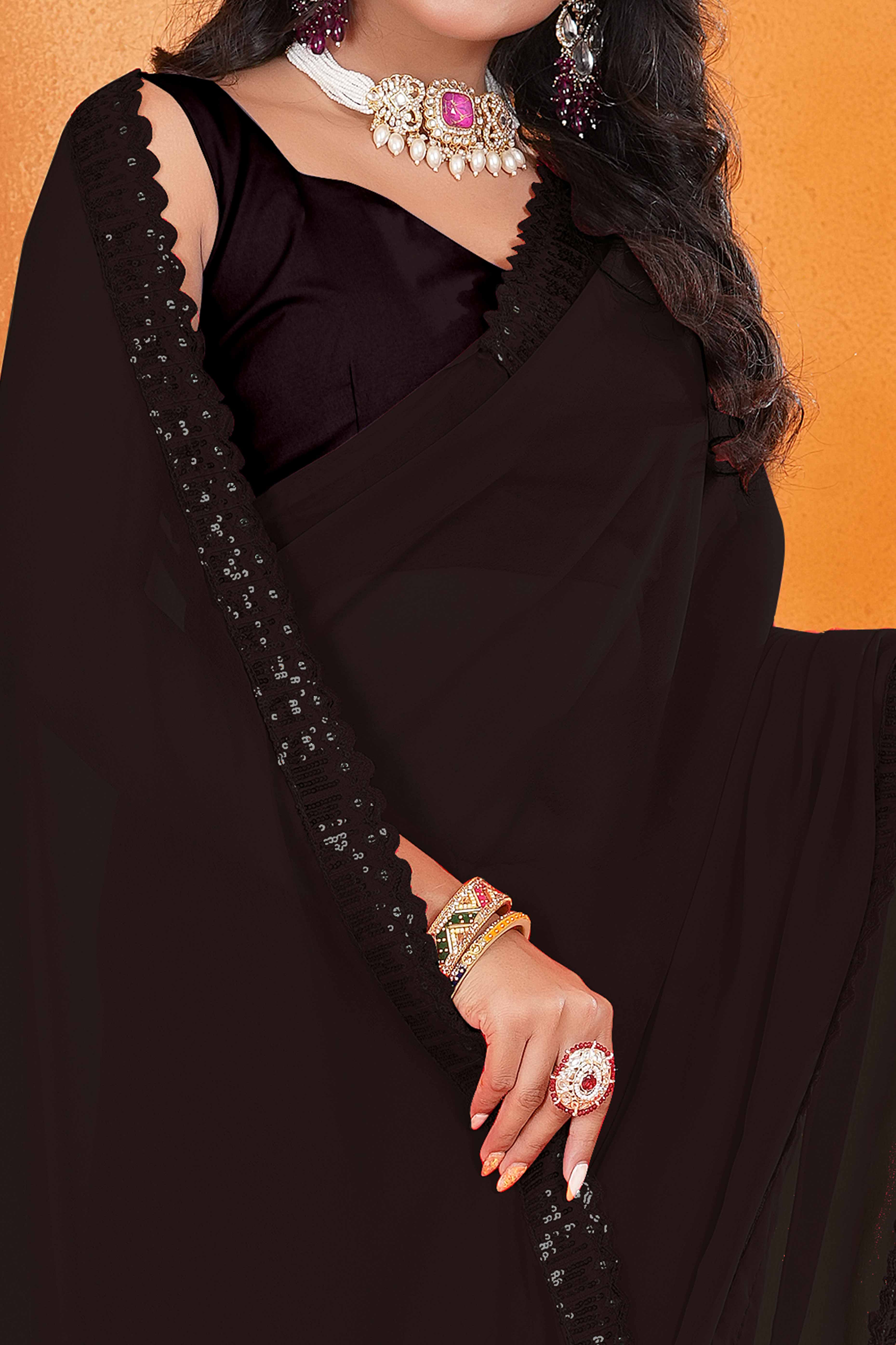 Black Georgette Saree with Subtle Solid Pattern and Sequins Border