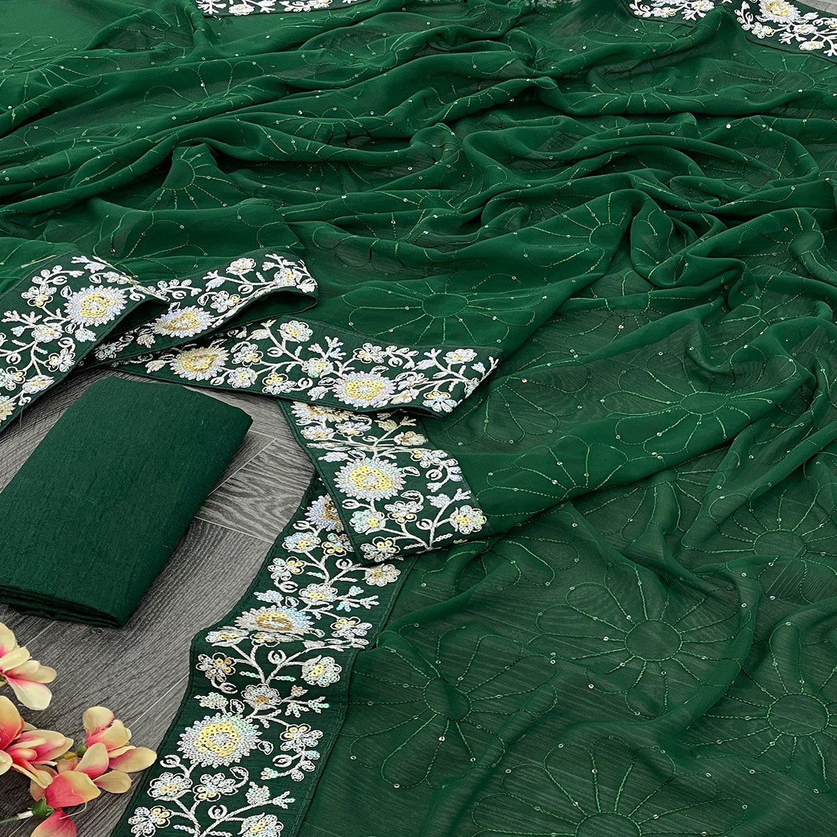 Green Georgette Saree Featuring Fine Sequin Embroidery for a Glam Look