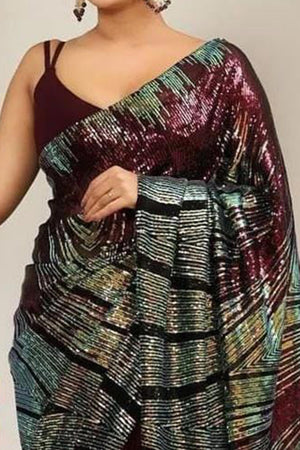 Peachmode Wine Georgette Saree with Sequins Embroidery