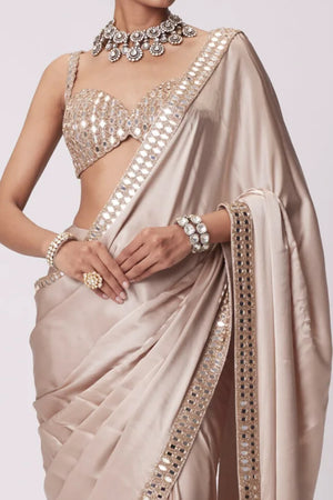 Beige Japan Satin Saree with Sparkling Mirror Embellishments