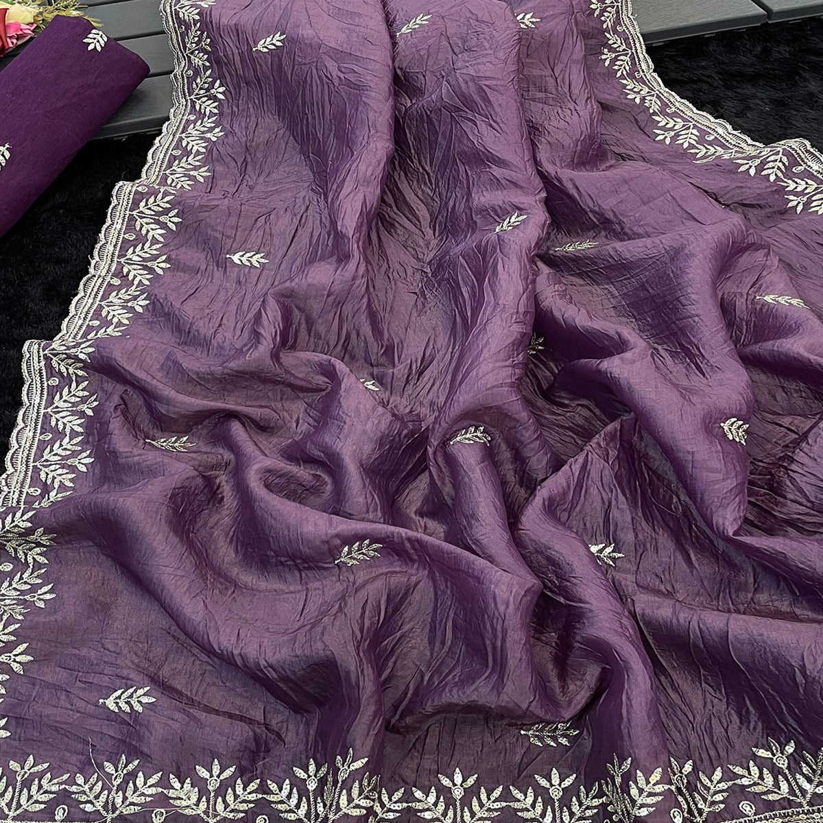Purple Party Wear Art Silk Saree with Fine Embroidery