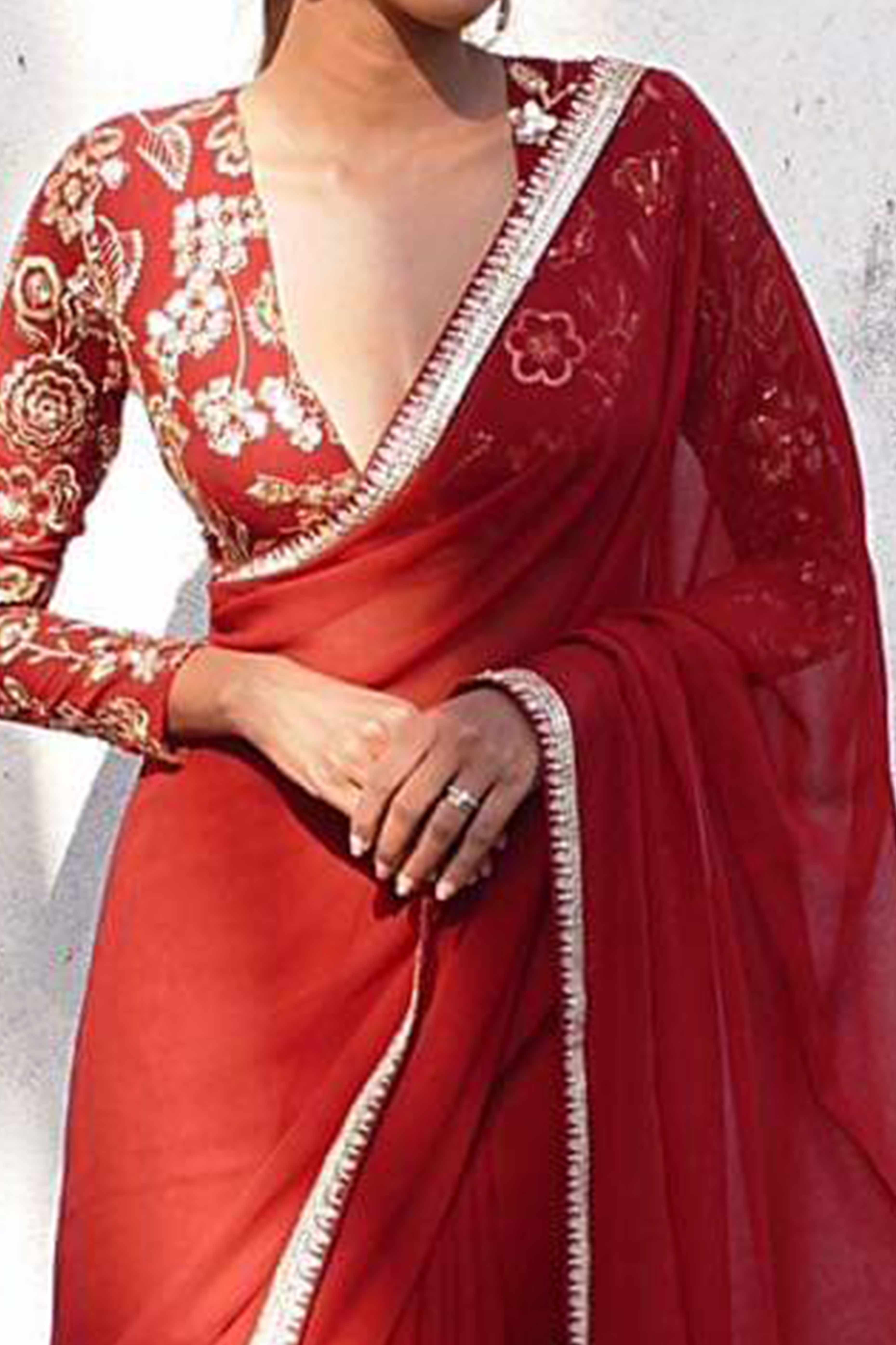 Bold Red Solid Pattern Georgette Saree with Embellished Lace Trim