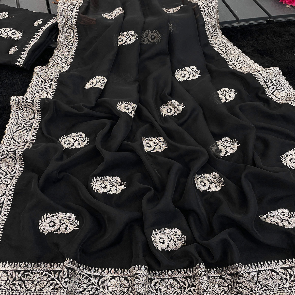 Black Saree in Organza with Intricate Floral Embroidery