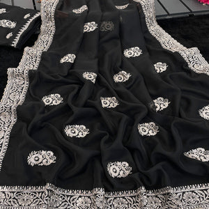 Black Saree in Organza with Intricate Floral Embroidery