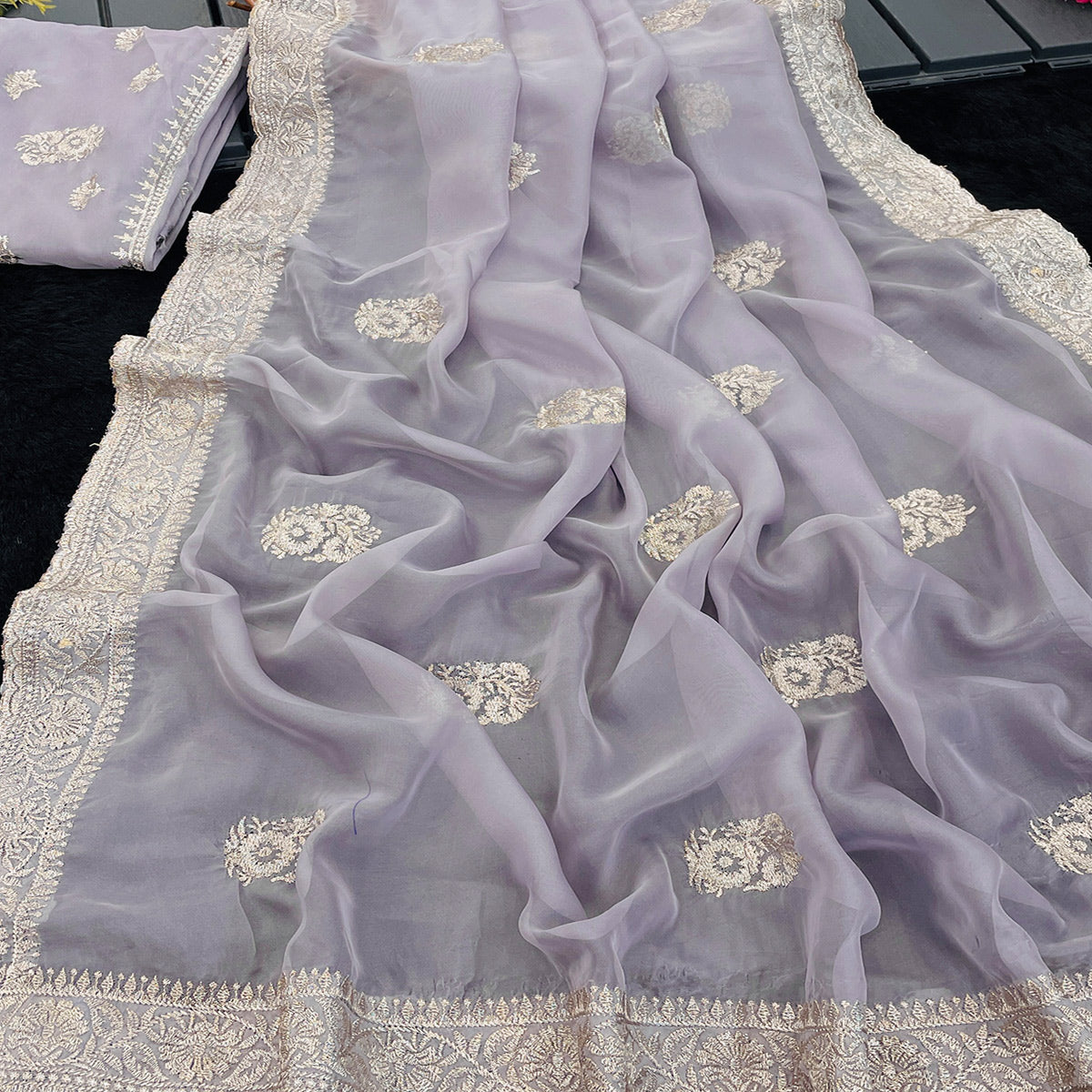 Lavender Saree in Organza with Intricate Floral Embroidery